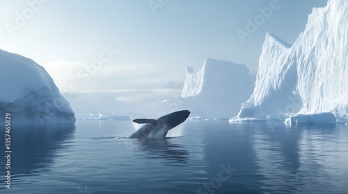Perfectly Symmetrical Killer Whale Reflection in Still Ocean Waters with Breathtaking Arctic Scenery and Icebergs