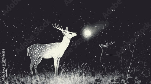 Digital illustration depicting a white deer with speckled markings standing in a field of tall grass at night.  The deer is facing a small, bright light source, creating a mystical atmosphere. The