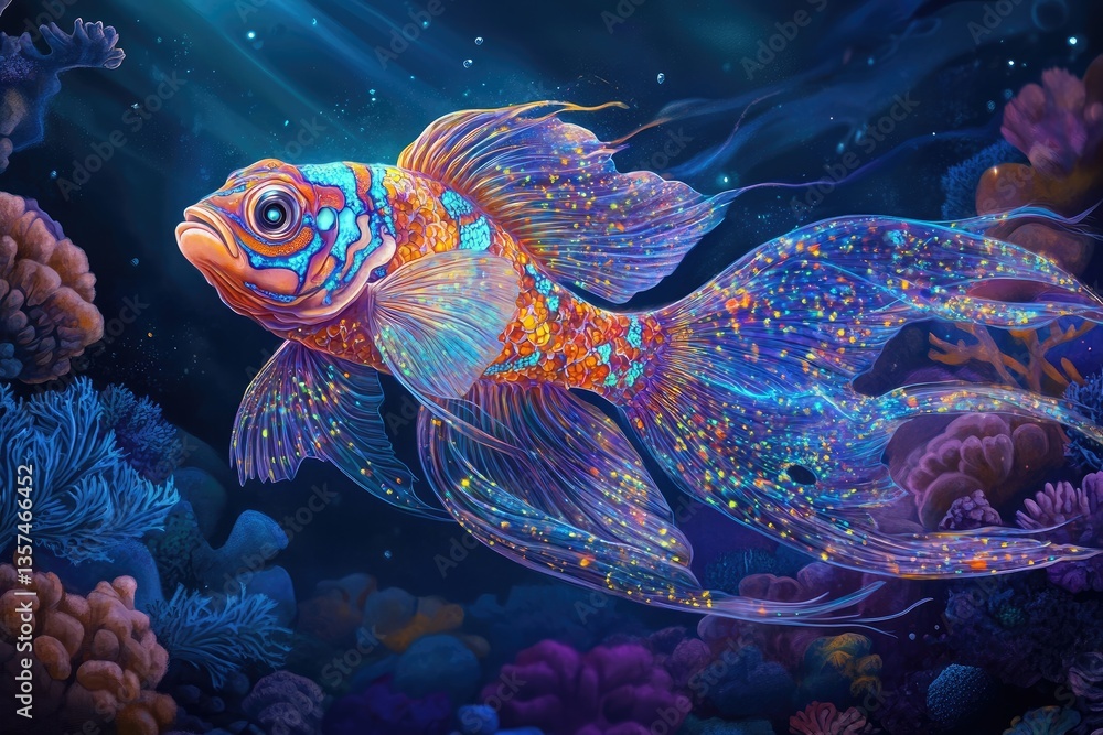 Fototapeta premium A stunning Mandarin fish with glowing bioluminescent patterns
