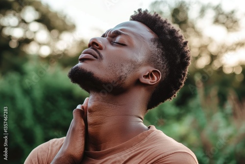 Young man outdoors touching neck, expressing discomfort and seeking physical relief — concept of neck pain and healing therapy.