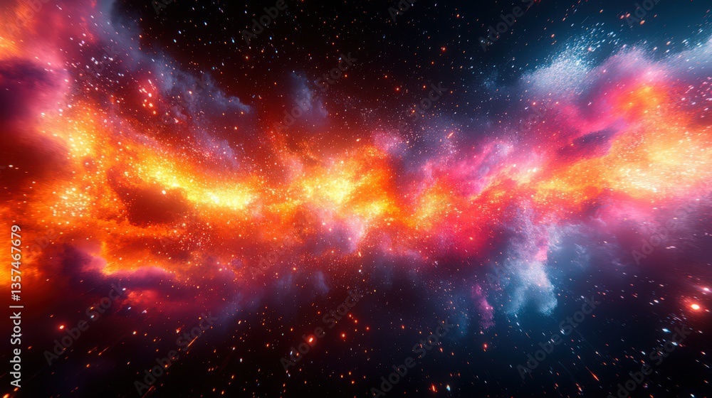 A vibrant cosmic cloudscape with fiery hues and ethereal stardust patterns A vibrant cosmic cloudscape with fiery hues and ethereal stardust patterns