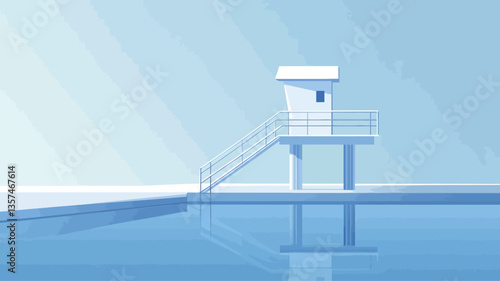 The image depicts a simple, white beach hut on stilts over calm blue water. The hut is rendered in a minimalist style with clean lines and flat shading. The water reflects the hut and the sky,