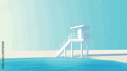 A digital rendering depicts a minimalist white lifeguard stand on stilts situated on a light sandy beach next to calm, light blue water. The style is clean and geometric, with pastel colors