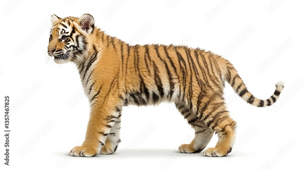 Obraz premium Adorable tiger cub standing, side profile, white background.