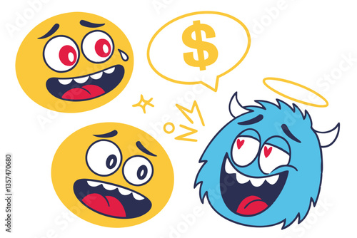 49 Colorful cartoon emoji set, expressive emoticons, variety of emotions, round yellow faces, blue monster face, big eyes, exaggerated features, red lips, dollar sign eyes, halos, tongue sticking out,