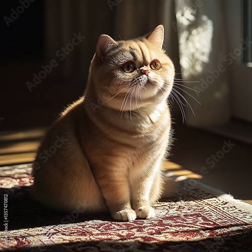 Soft and Fluffy Cat Sitting with Elegance, Sunlight Accentuating Its Beautiful Orange and White Fur