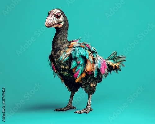 A dodo bird standing calmly on a solid turquoise background, vibrant feather details