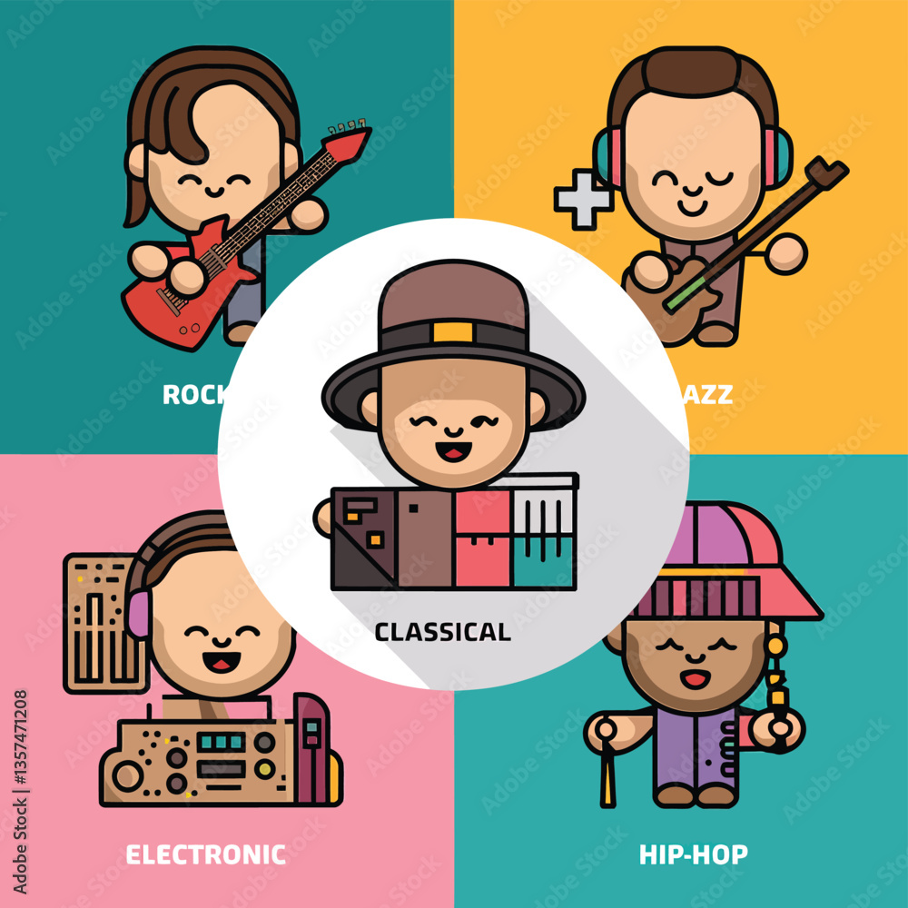 2d vector illustration icon cool entertainment cartoon character music tools (Drum , Music Note , Headphones ,Microphone , Piano , Guitar ,Record)
2d vector illustration icon cool entertainment cartoon character music tools (Drum , Music Note , Headphones ,Microphone , Piano , Guitar ,Record)