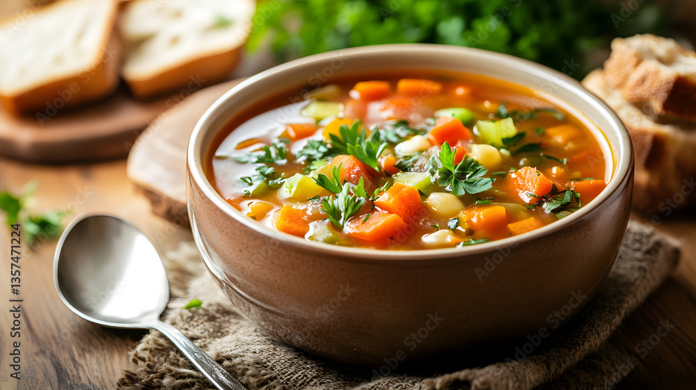 Cozy Comfort: A tantalizing close-up showcases a steaming bowl of hearty vegetable soup alongside rustic bread, promising warmth and satisfaction. Cozy Comfort: A tantalizing close-up showcases a steaming bowl of hearty vegetable soup alongside rustic bread, promising warmth and satisfaction.