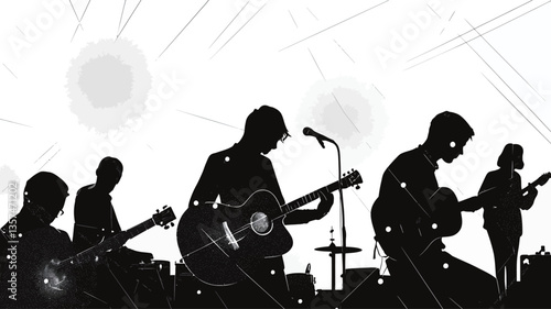 The image is a monochrome photograph depicting several silhouetted figures of a band performing on stage. The figures are largely indistinct due to the lack of detail in the silhouettes, but