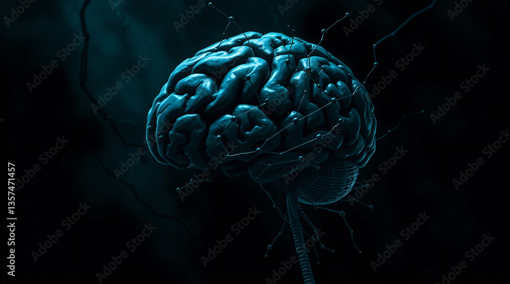 Obraz premium Human brain, silhouette, glowing brain, dark background, side profile, illuminated brain, black silhouette, bright light, brain structure, neural network, human head, brain highlight, shadowy figure, 