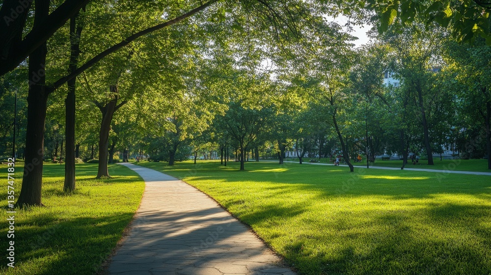 Fototapeta premium Green Urban Park with Walking Paths and Benches in a Residential Area