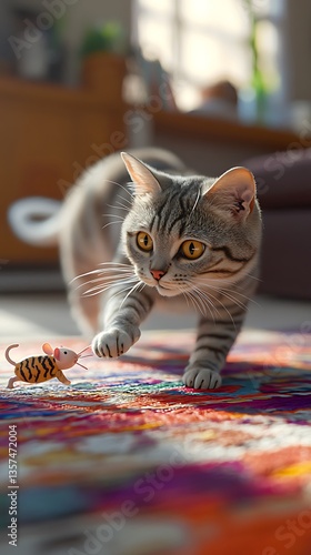 Sunlight streaming through windows as a determined cat playfully engages with a tiny striped mouse