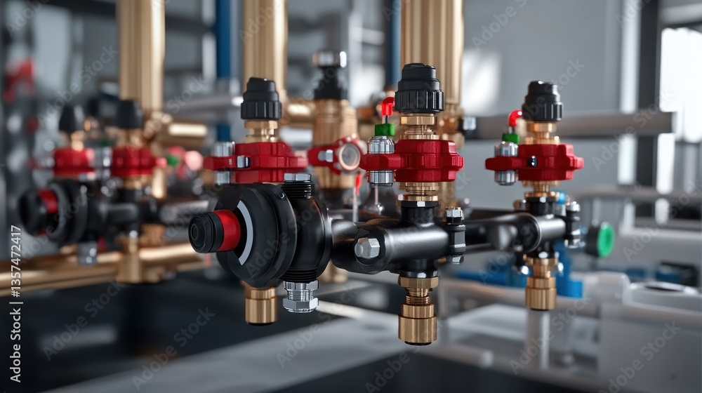 Naklejka premium Industrial pipes and valves in a factory control system