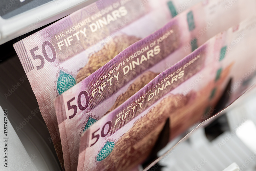 Jordan money, Counting machine Jordanian 50 dinar banknotes. Financial concept. Converting revenue, currency exchange, Business and Economy, Symbol JOD. close up