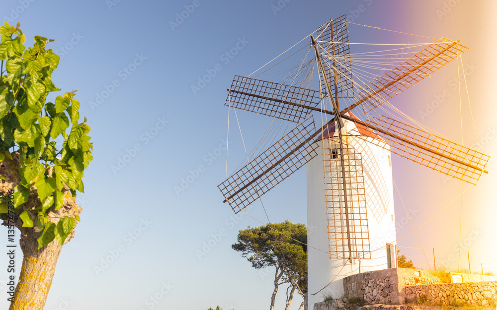 Historic windmills on Menorca, a tiny island in the Balearic Islands. The area around the town of Mahon