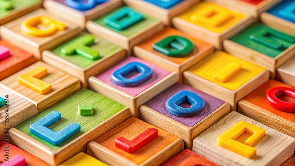 Macro Close-up of Colorful Wooden Toys in a Word Search Puzzle Macro Close-up of Colorful Wooden Toys in a Word Search Puzzle