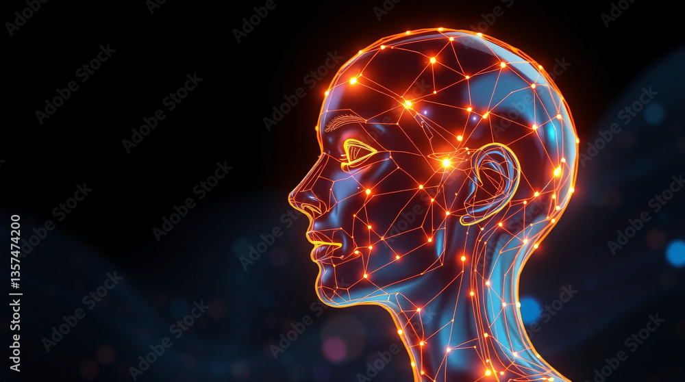 Brain, head, thinking, mind, intelligence, neural network, technology, futuristic, glowing, bright, orange, yellow, circles, nodes, connections, network, digital, abstract, conceptual, innovation, cre Brain, head, thinking, mind, intelligence, neural network, technology, futuristic, glowing, bright, orange, yellow, circles, nodes, connections, network, digital, abstract, conceptual, innovation, cre