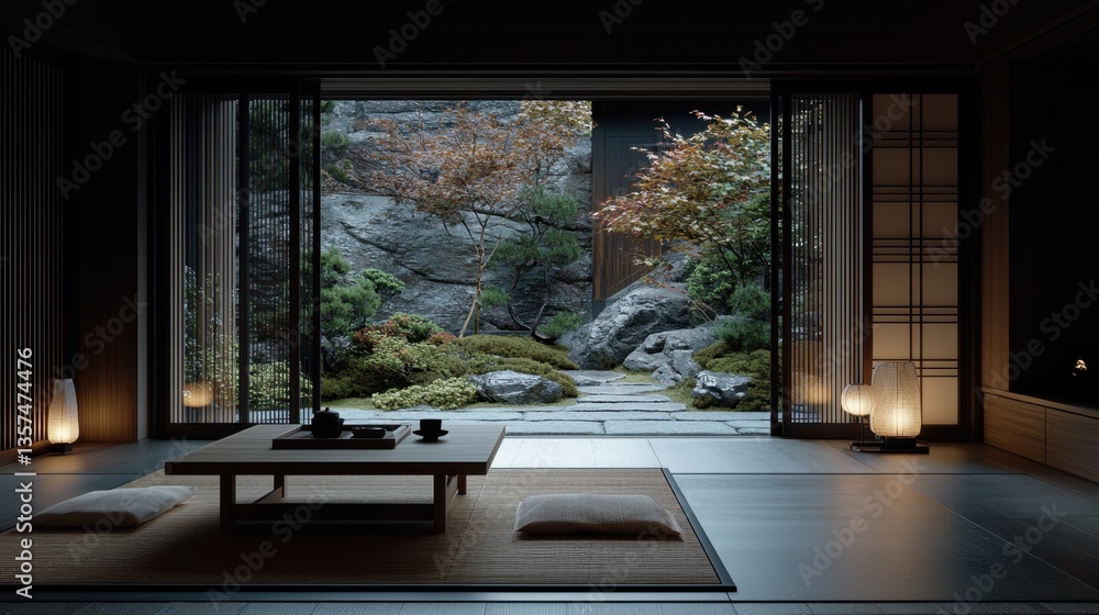 Fototapeta premium Serene Japanese interior with garden view and tatami mats for relaxation and meditation