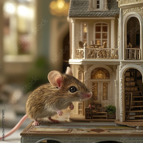 Tiny Mouse Posing Near a Wonderfully Crafted Mini House with Warm Lighting and Delicate Features