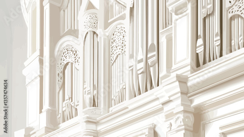 Close-up, high-angle view of the intricately carved, white pipe organ façade. The image showcases detailed textures and ornate carvings in a predominantly white color palette.  The photograph