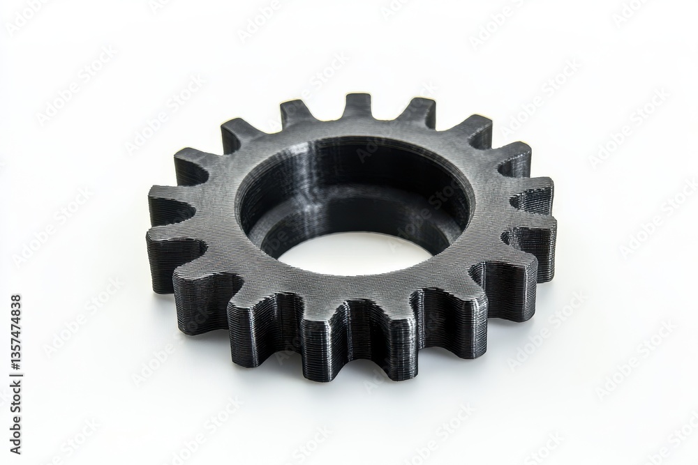 A 3D-printed gear for machinery, smooth surface, isolated on a white background. A 3D-printed gear for machinery, smooth surface, isolated on a white background.