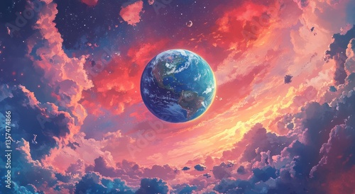 Fototapeta Naklejka Na Ścianę i Meble -  An artistic rendering of planet earth surrounded by clouds and space