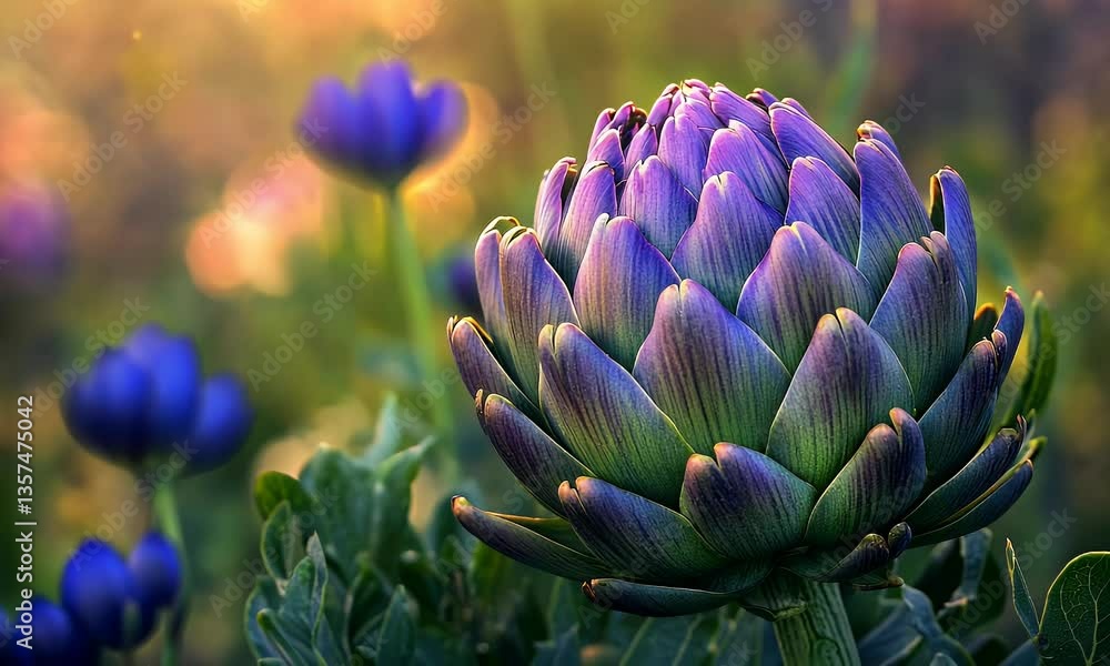 Vibrant artichoke surrounded by colorful flowers in a serene garden during golden hour Vibrant artichoke surrounded by colorful flowers in a serene garden during golden hour
