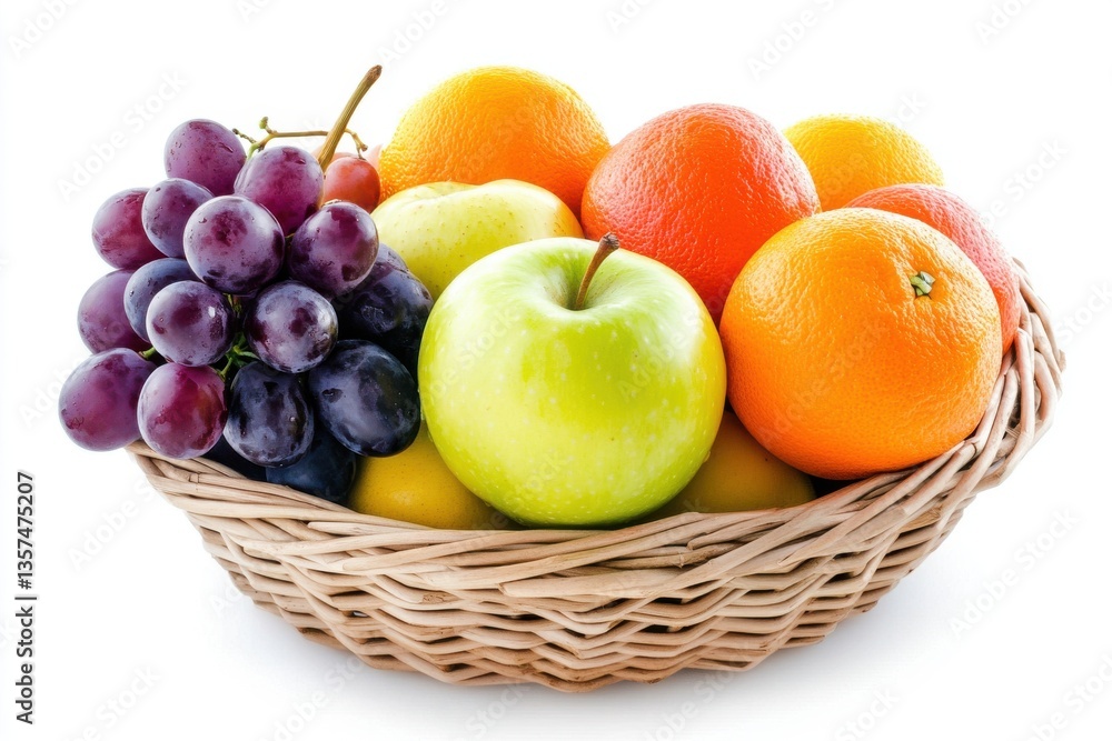A basket of fresh fruit (grapes, apples, oranges) isolated on white background A basket of fresh fruit (grapes, apples, oranges) isolated on white background