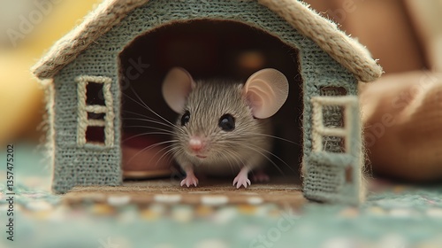 Tiny Mouse Standing Near a Beautifully Designed Miniature House with Elegant Architectural Details Inside
