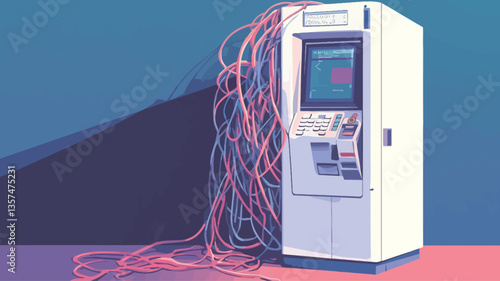 The image is a digital illustration depicting a white, boxy machine resembling an old ATM or similar device.  It is surrounded by a large mass of tangled, multicolored wires and cables. The