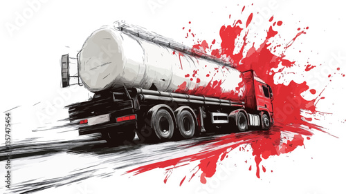 The image is an abstract illustration depicting a tanker truck in motion.  The truck is primarily white and red, with a large red splash effect emanating from the rear, suggesting an impact or