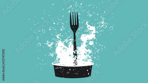 A stylized illustration featuring a black silhouette of a fork positioned vertically, seemingly emerging from a similarly silhouetted pot.  The pot is situated at the bottom, with a white, abstract