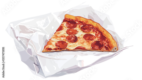 Close-up studio shot of a single slice of pepperoni pizza resting on a piece of crumpled white paper against a white background. The pizza slice shows melted cheese, visible pepperoni slices, and a