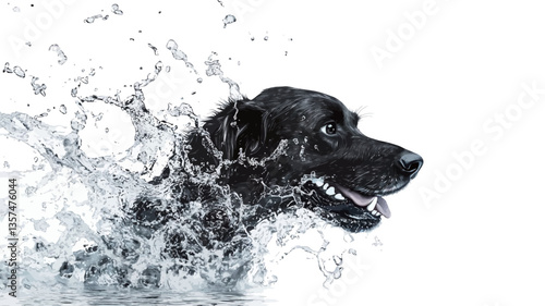 Close-up shot of a black Labrador Retriever's head and shoulders emerging from the water. The dog appears to be swimming towards the viewer.  The image is sharply focused on the dog, with a