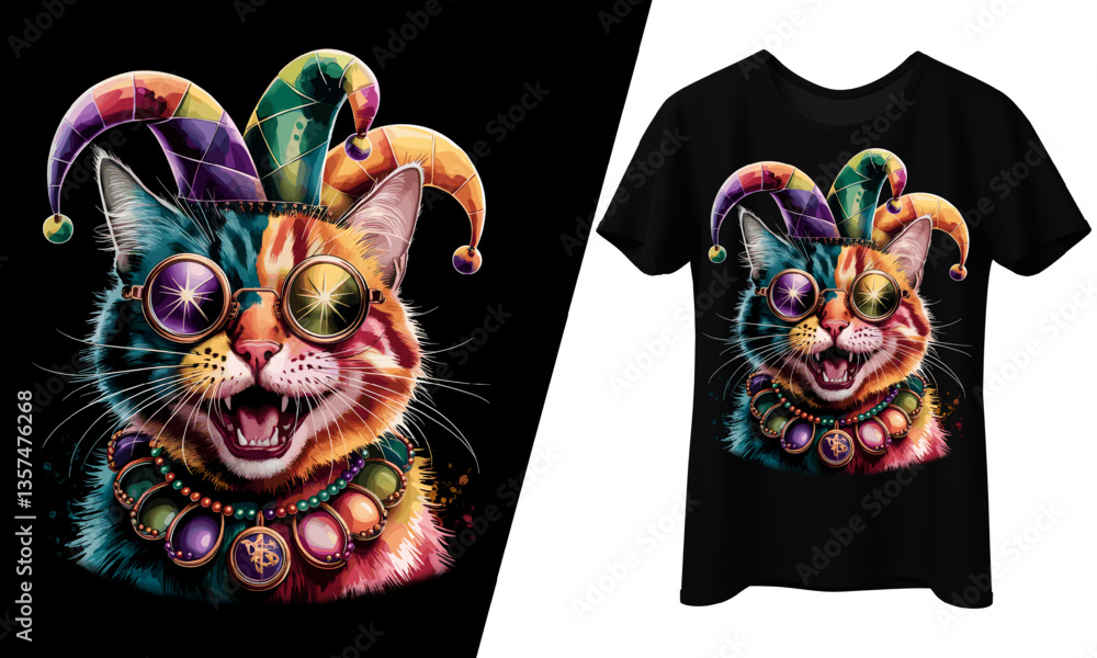 Obraz premium Mardi Gras Jester Cat Beads Funky Feline T-Shirt Design.