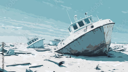 The image depicts a digital painting or illustration of several boats beached on a sandy shore.  The main focus is on a larger, slightly tilted boat in the foreground, showing signs of weathering