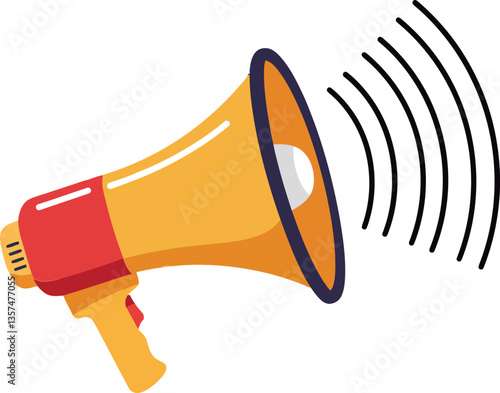 Bright yellow megaphone with red handle and sound waves emitting, flat vector art