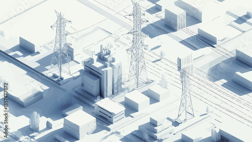 The image presents a digital illustration of an abstract isometric cityscape.  The scene is rendered in shades of white and light blue, with a focus on geometric shapes and lines creating a sense