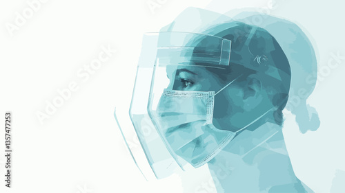 Close-up profile shot of a person wearing a surgical face mask and a transparent face shield. The image is predominantly teal/blue toned, with a bright white background. The focus is sharp on the