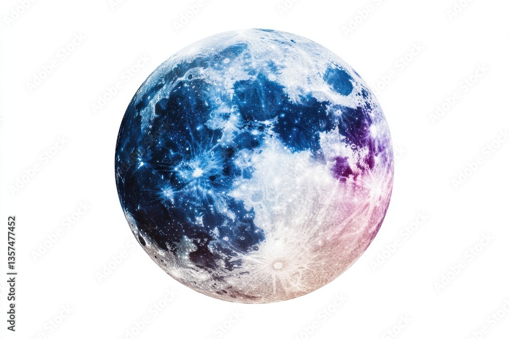 A celestial moon with galaxy textures, isolated on white background.