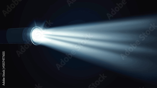 Close-up image of a bright, white-blue light beam emanating from a partially visible light source in a pitch-black background. The beam is sharply defined, with parallel rays diverging from the