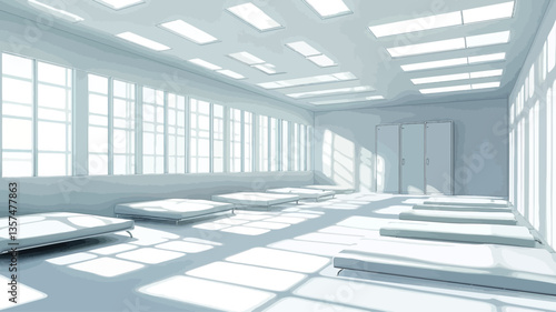 The image shows a long, rectangular room with a minimalist design. The walls, floor, and ceiling are all white.  Multiple mattresses are arranged in rows across the floor. Large windows along one