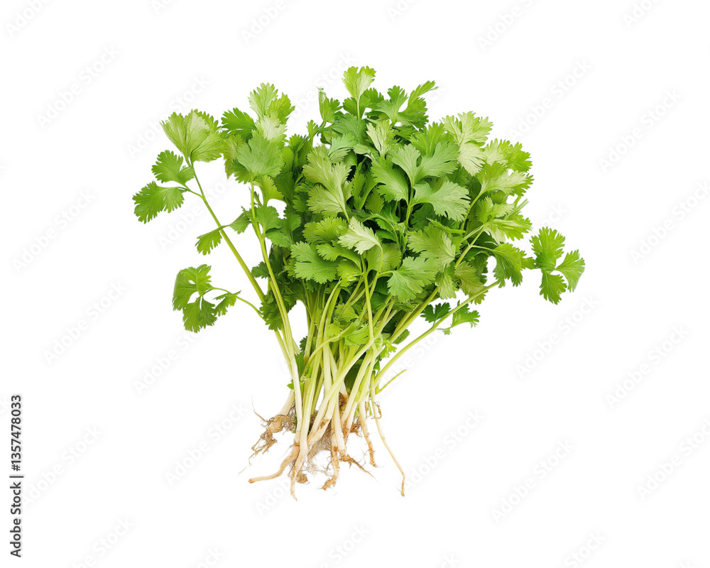 Fototapeta premium Cilantro, coriander leaves, or coriander explained with roots on Png Format and Transparent Background
