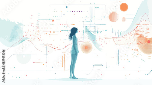 The image depicts a stylized female figure in profile view, standing against a backdrop of an abstract landscape composed of soft pastel colors and translucent shapes.  The woman is rendered in