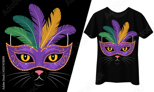 Mardi Gras Cat Mask Feathers Feline T-Shirt Design.