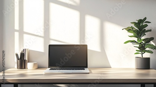 Wallpaper Mural Modern Digital Workspace with Laptop on Light Wooden Desk in Contemporary White Classroom with Soft Ambient Lighting Torontodigital.ca