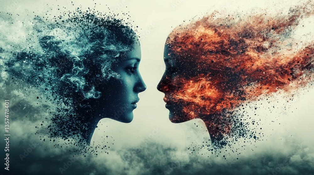 © SUDARNO - Abstract faces, ice and fire, conflict, dramatic sky background © SUDARNO - Abstract faces, ice and fire, conflict, dramatic sky background