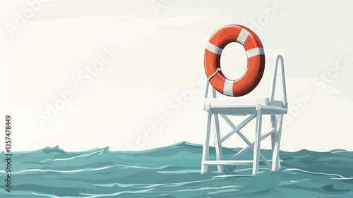 A digital illustration depicting an orange life preserver resting on a simple white lifeguard stand partially submerged in teal-colored water. The water is depicted with gentle, stylized waves. The