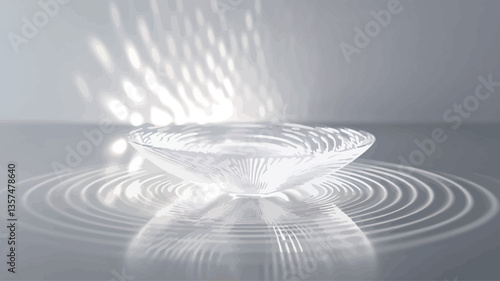The image depicts a minimalist rendering of a white, shallow bowl-like object.  The bowl is smooth and seemingly made of glass or a similar translucent material. Light rays emanate upward from